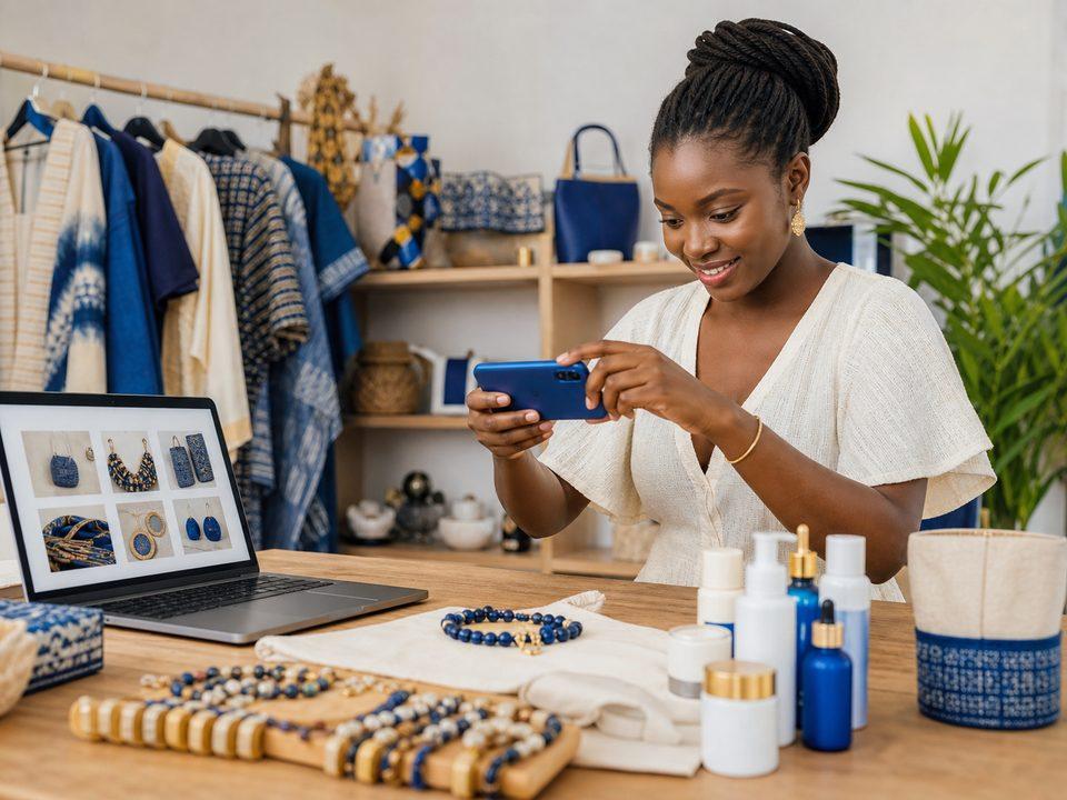 Entrepreneuse qui photographie ses produits pour sa boutique en ligne.