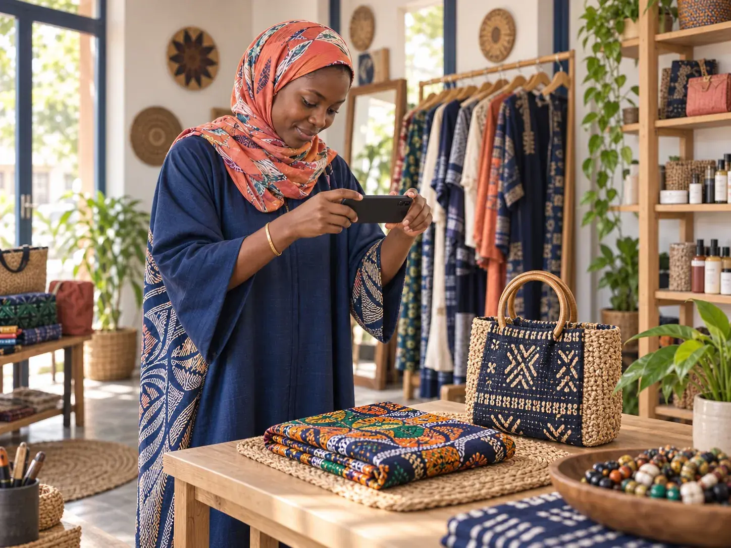 Jeune commerçante malienne en foulard photographiant ses produits avec son téléphone.