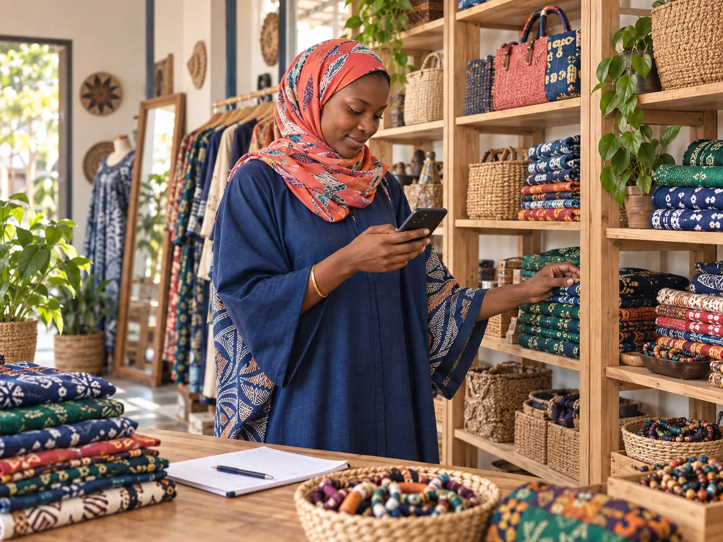 Jeune commerçante malienne en foulard vérifiant le stock de sa boutique.