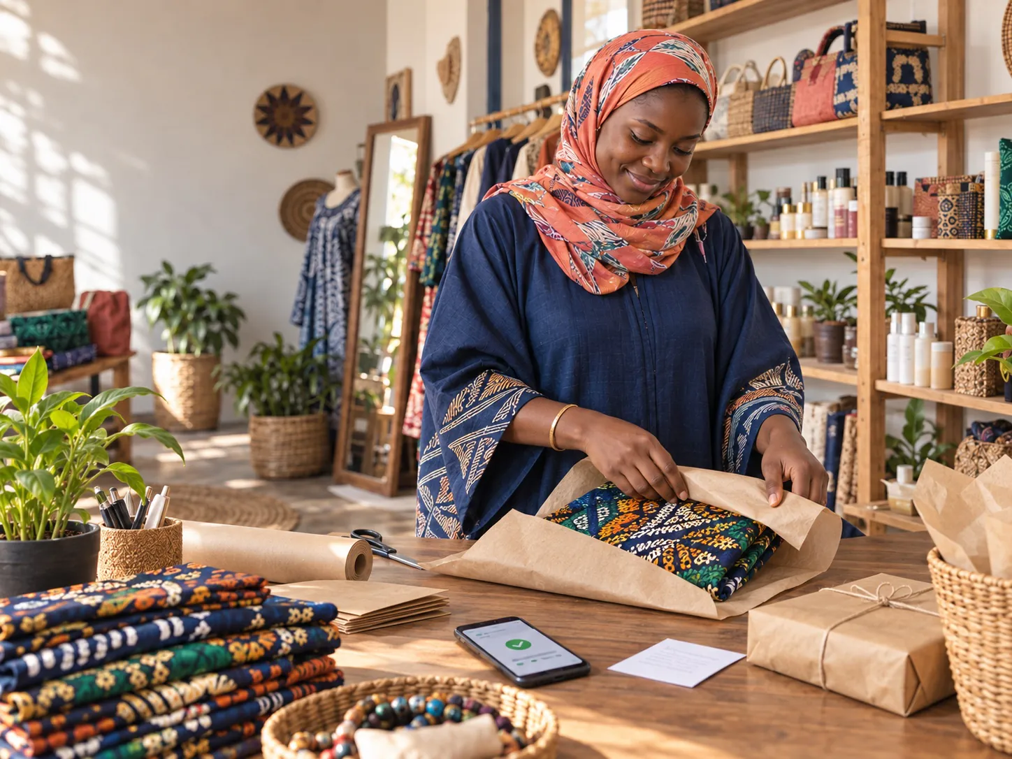 Jeune commerçante malienne en foulard préparant une commande reçue sur son téléphone.